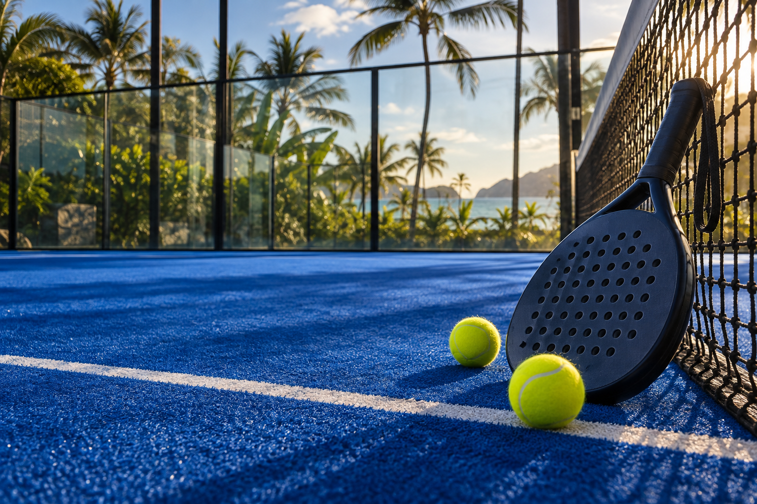 Atmosphere illustration: padel racket and yellow balls on a blue court among palm trees